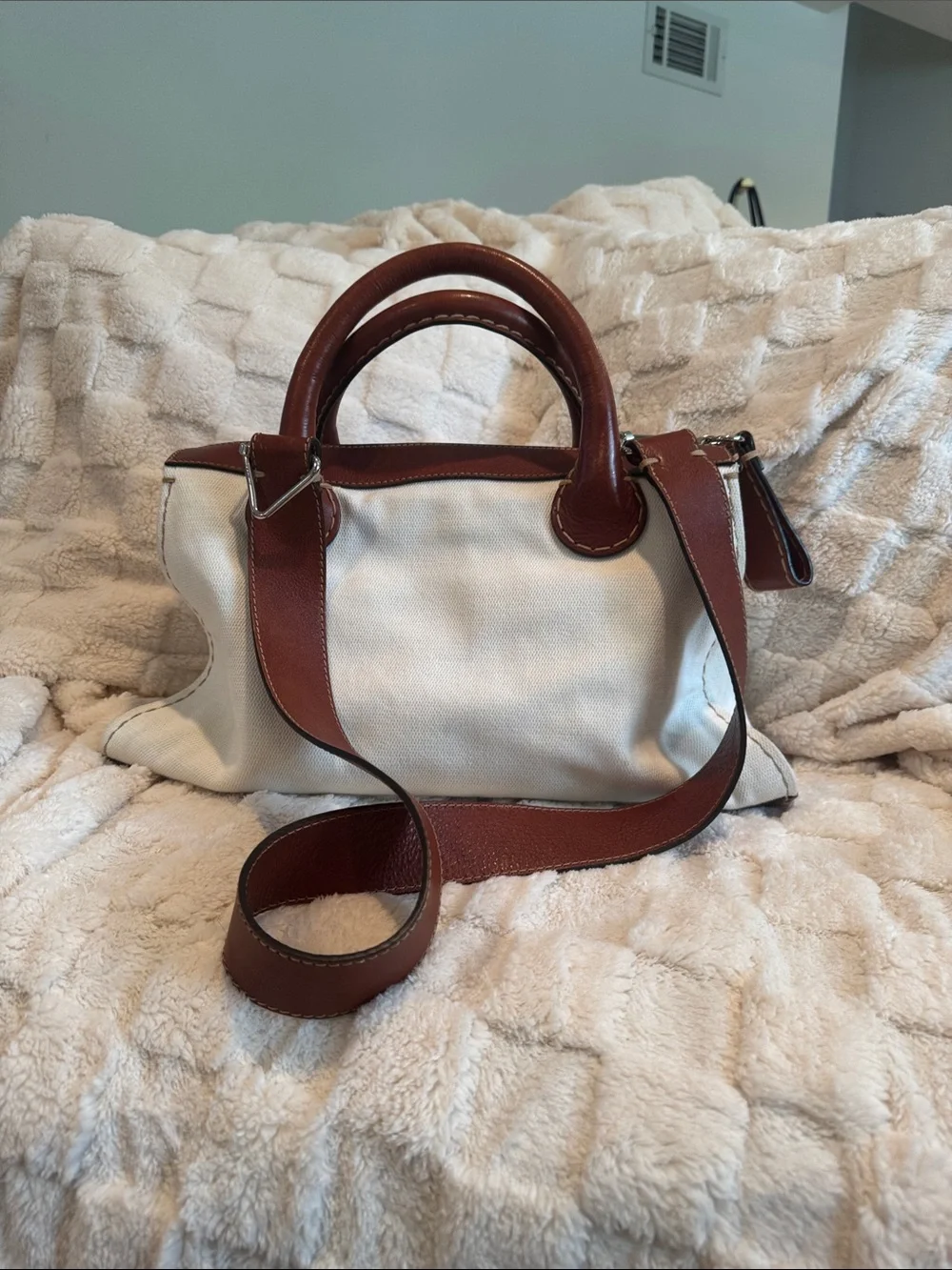 Chloe Edith White Canvas and Brown Leather Satchel with Strap
